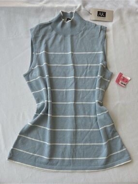 Anne Klein Light Blue and White Striped Sleeveless Mock Neck Top